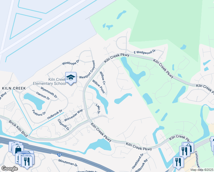 map of restaurants, bars, coffee shops, grocery stores, and more near 1610 Willow Cove in Newport News