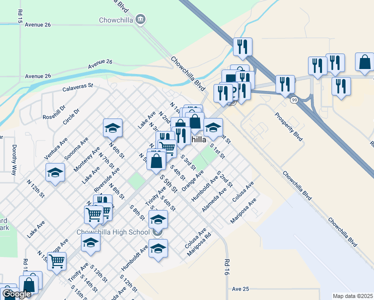 map of restaurants, bars, coffee shops, grocery stores, and more near 0 West Robertson Boulevard in Chowchilla