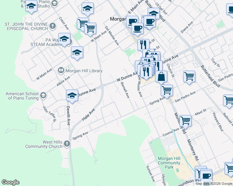 map of restaurants, bars, coffee shops, grocery stores, and more near 260 West Dunne Avenue in Morgan Hill