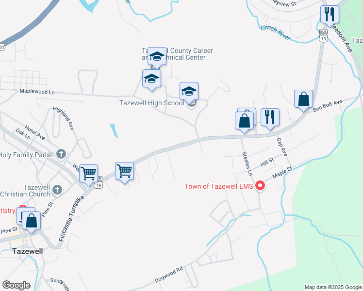map of restaurants, bars, coffee shops, grocery stores, and more near 627 Fincastle Turnpike in Tazewell