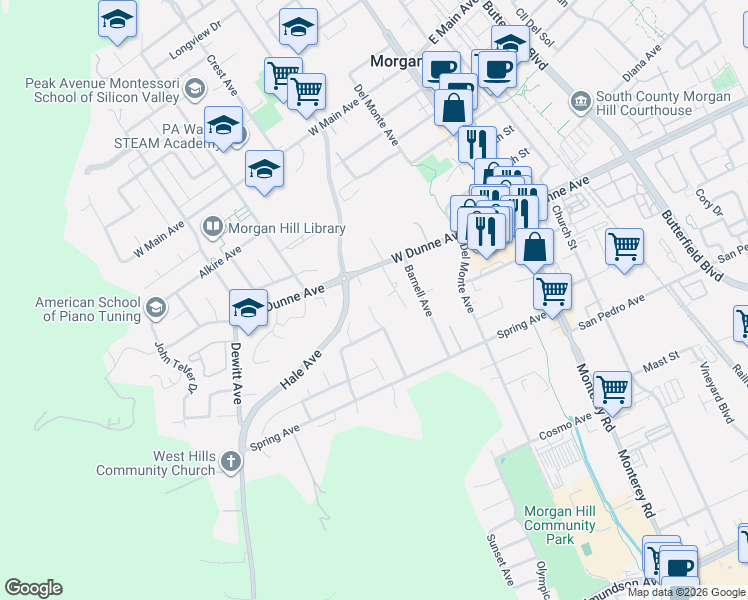 map of restaurants, bars, coffee shops, grocery stores, and more near 16730 Lone Hill Drive in Morgan Hill