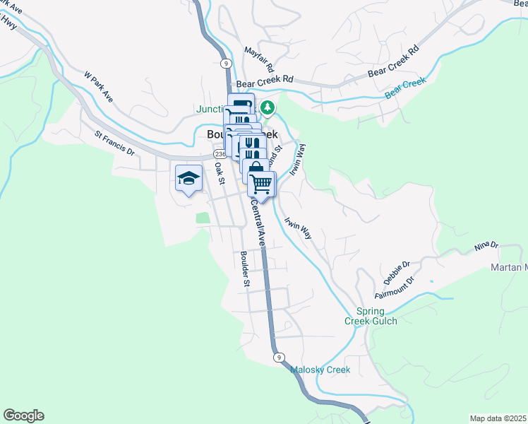 map of restaurants, bars, coffee shops, grocery stores, and more near 12970 California 9 in Boulder Creek