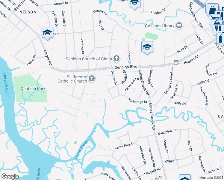 map of restaurants, bars, coffee shops, grocery stores, and more near 772 Childress Drive in Newport News