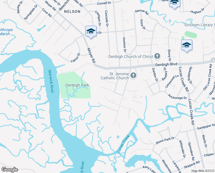 map of restaurants, bars, coffee shops, grocery stores, and more near 78 Deer Run Trail in Newport News