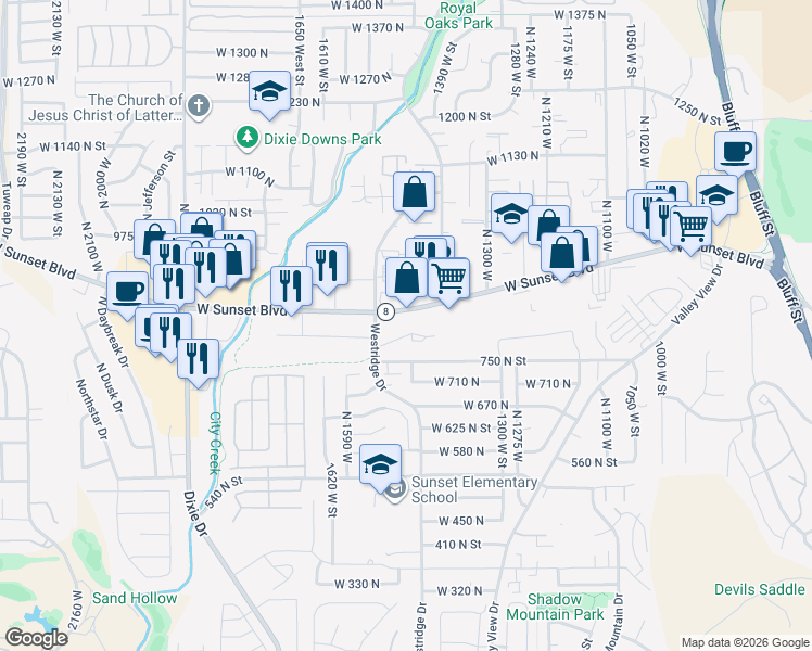 map of restaurants, bars, coffee shops, grocery stores, and more near 1425 West Sunset Boulevard in St. George