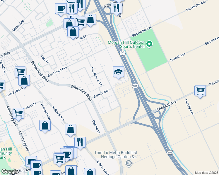 map of restaurants, bars, coffee shops, grocery stores, and more near 755 Barrett Avenue in Morgan Hill
