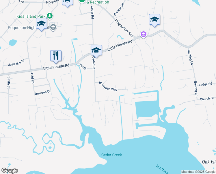 map of restaurants, bars, coffee shops, grocery stores, and more near 140 West Laydon Way in Poquoson