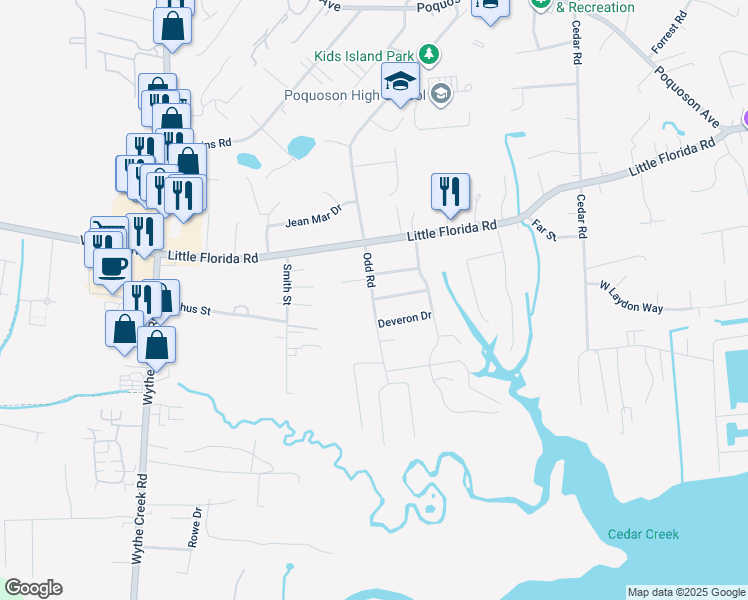 map of restaurants, bars, coffee shops, grocery stores, and more near 2 Glen More Drive in Poquoson