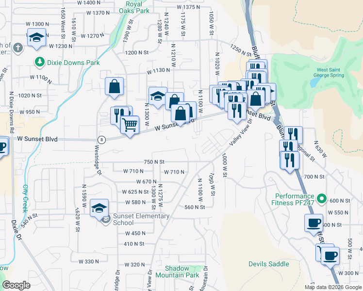 map of restaurants, bars, coffee shops, grocery stores, and more near 1178 West 790 North in St. George