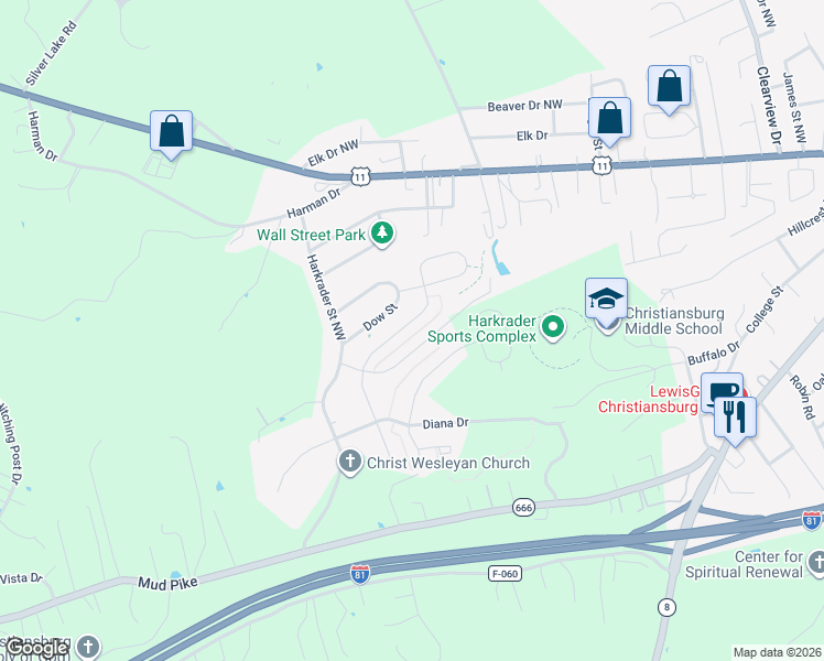 map of restaurants, bars, coffee shops, grocery stores, and more near 575 Keystone Drive in Christiansburg