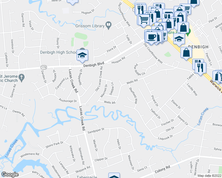map of restaurants, bars, coffee shops, grocery stores, and more near 122 Debbie Lane in Newport News