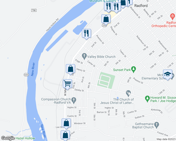 map of restaurants, bars, coffee shops, grocery stores, and more near 301 Henry Street in Radford