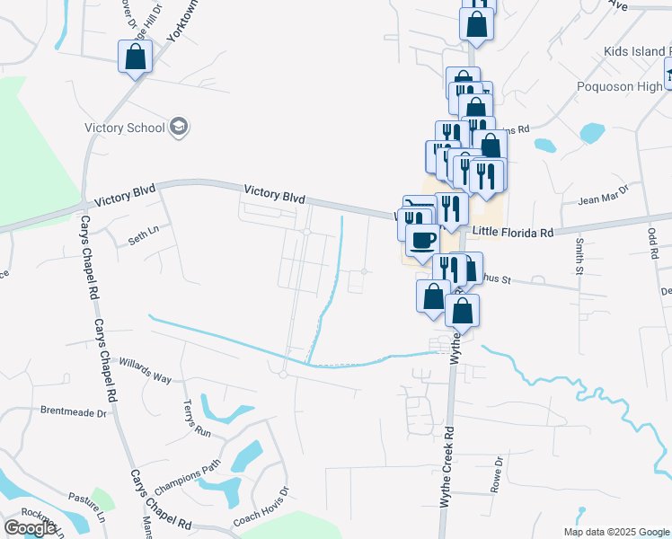 map of restaurants, bars, coffee shops, grocery stores, and more near 500 City Hall Avenue in Poquoson