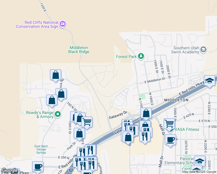 map of restaurants, bars, coffee shops, grocery stores, and more near 1250 East Middleton Drive in St. George