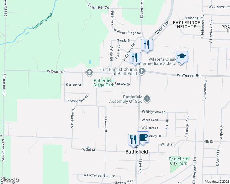 map of restaurants, bars, coffee shops, grocery stores, and more near 5129 South Ivey Lane in Battlefield