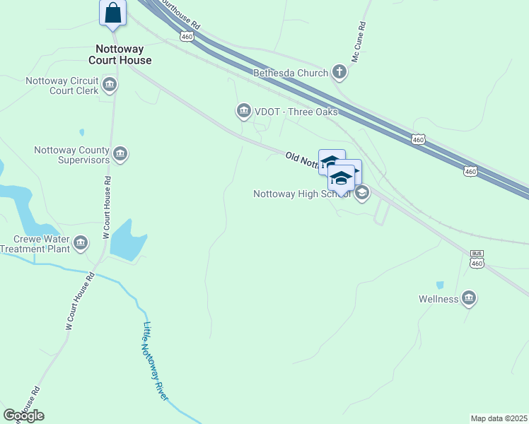 map of restaurants, bars, coffee shops, grocery stores, and more near 5569 Old Nottoway Road in Crewe