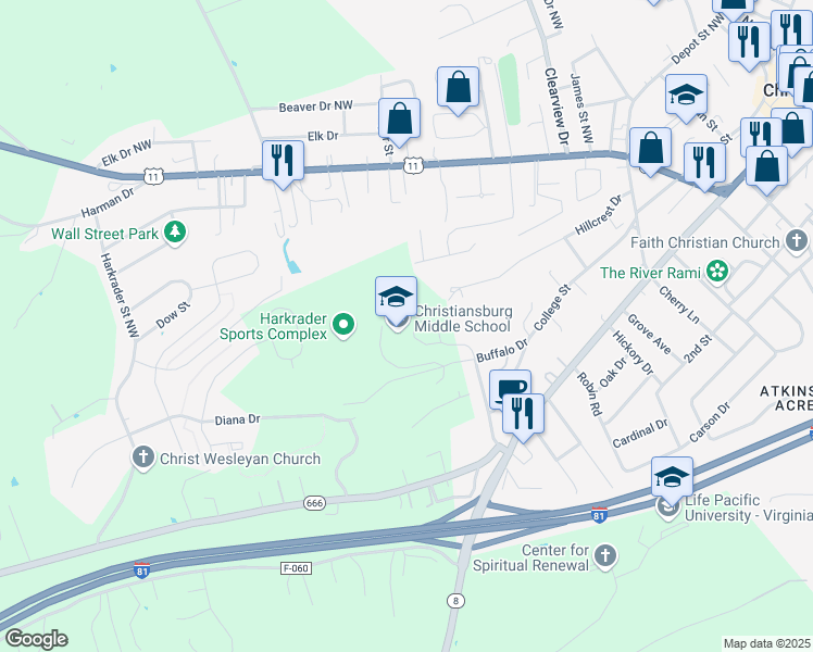 map of restaurants, bars, coffee shops, grocery stores, and more near 1205 Buffalo Drive in Christiansburg