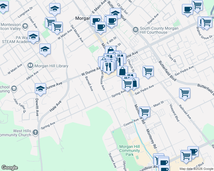 map of restaurants, bars, coffee shops, grocery stores, and more near 16810 Del Monte Avenue in Morgan Hill