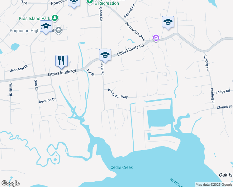 map of restaurants, bars, coffee shops, grocery stores, and more near 140 West Laydon Way in Poquoson
