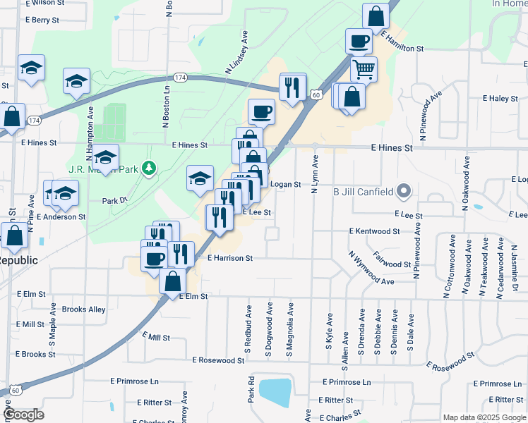 map of restaurants, bars, coffee shops, grocery stores, and more near 403 North George Avenue in Republic
