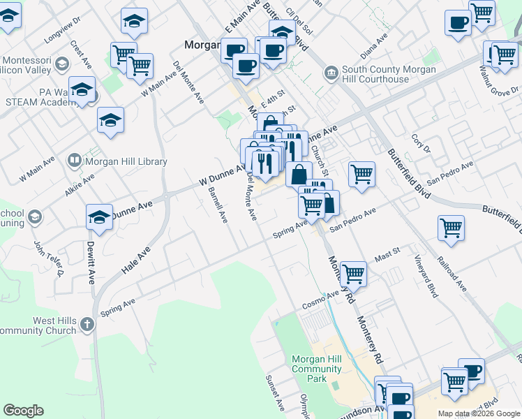 map of restaurants, bars, coffee shops, grocery stores, and more near 16810 Del Monte Avenue in Morgan Hill
