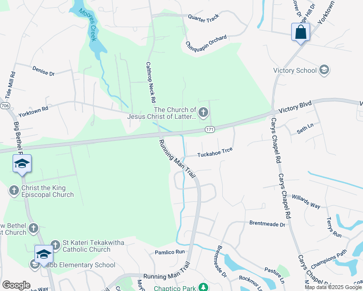 map of restaurants, bars, coffee shops, grocery stores, and more near 105 Onancock Turning in Yorktown
