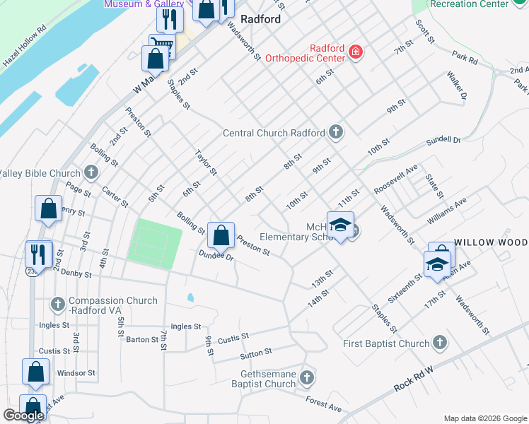 map of restaurants, bars, coffee shops, grocery stores, and more near 1012 Lyle Street in Radford