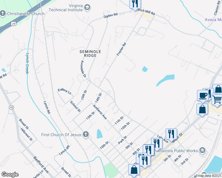 map of restaurants, bars, coffee shops, grocery stores, and more near 1302 Lola Avenue in Altavista