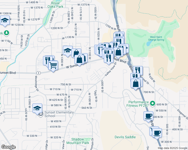 map of restaurants, bars, coffee shops, grocery stores, and more near 781 Valley View Drive in Saint George