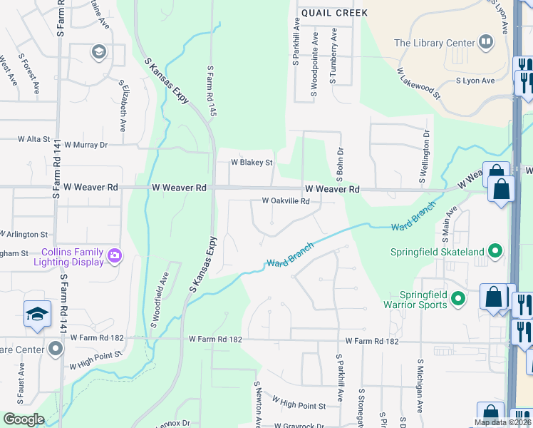 map of restaurants, bars, coffee shops, grocery stores, and more near 1345 W Stone Meadow Way in Springfield