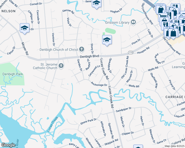 map of restaurants, bars, coffee shops, grocery stores, and more near 612 Ashford Place in Newport News