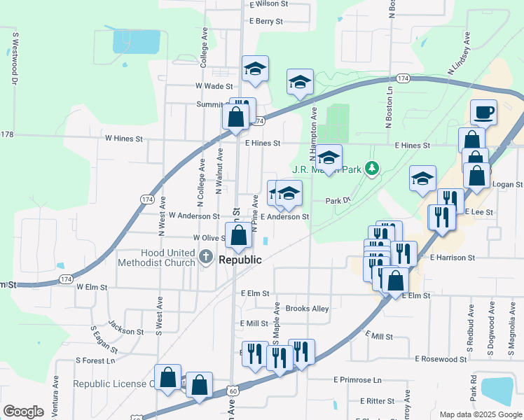 map of restaurants, bars, coffee shops, grocery stores, and more near 406 North Pine Avenue in Republic