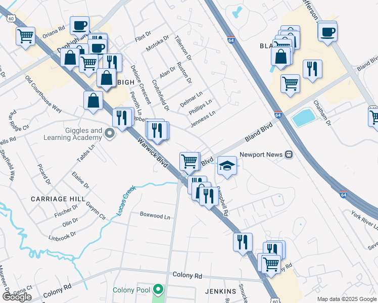 map of restaurants, bars, coffee shops, grocery stores, and more near 3954 Palomino Drive in Newport News