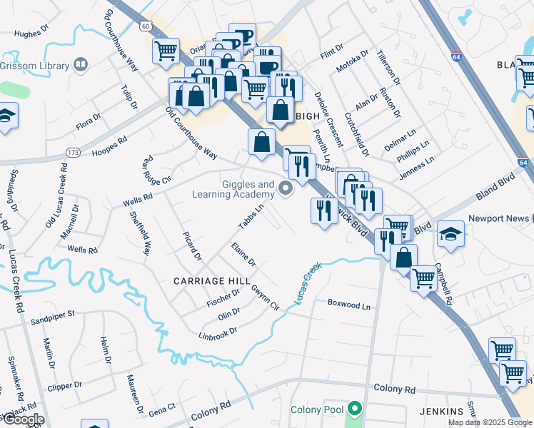 map of restaurants, bars, coffee shops, grocery stores, and more near 330 Tabbs Lane in Newport News