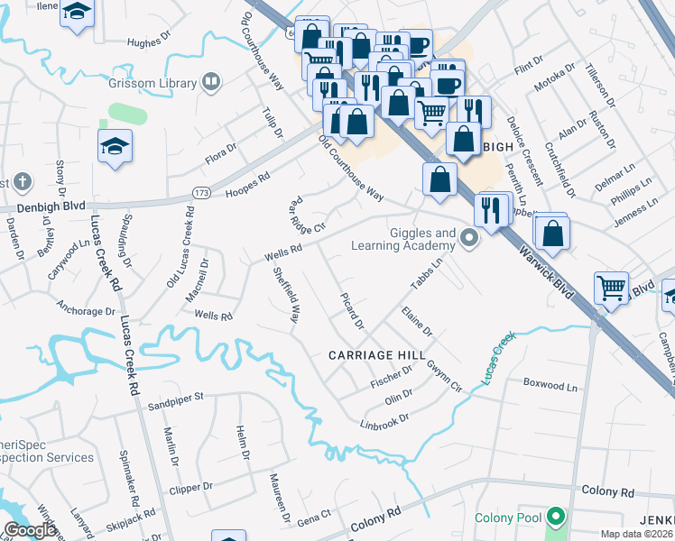map of restaurants, bars, coffee shops, grocery stores, and more near 221 Picard Drive in Newport News