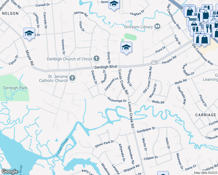 map of restaurants, bars, coffee shops, grocery stores, and more near 612 Ashford Place in Newport News