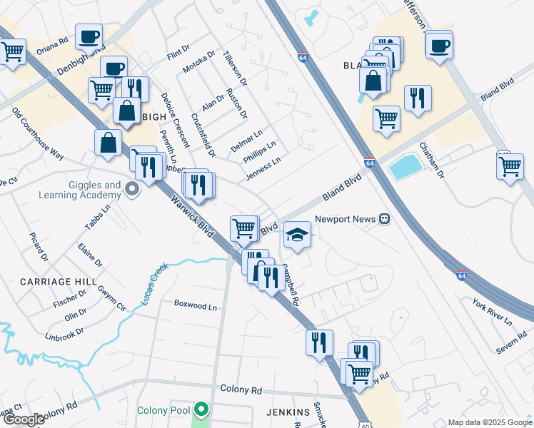 map of restaurants, bars, coffee shops, grocery stores, and more near 503 Heatherwood Loop in Newport News