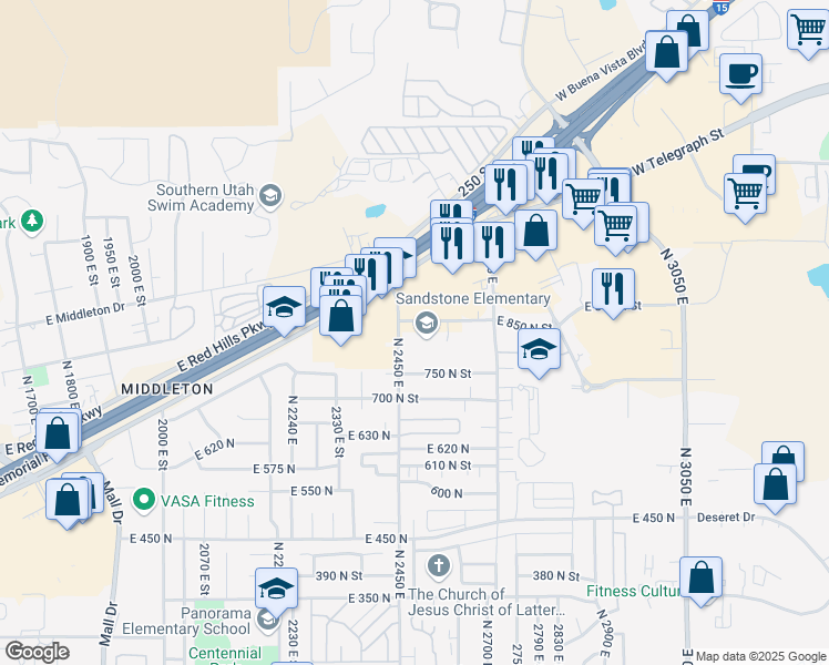 map of restaurants, bars, coffee shops, grocery stores, and more near 850 North 2450 East in St. George