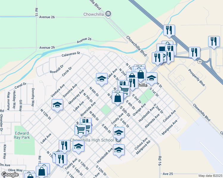 map of restaurants, bars, coffee shops, grocery stores, and more near 405 Riverside Avenue in Chowchilla