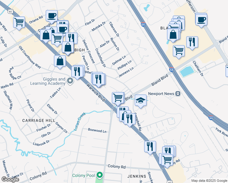 map of restaurants, bars, coffee shops, grocery stores, and more near 3957 Horse Run Glen in Newport News