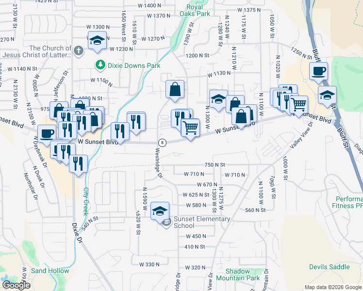 map of restaurants, bars, coffee shops, grocery stores, and more near 1425 West Sunset Boulevard in St. George