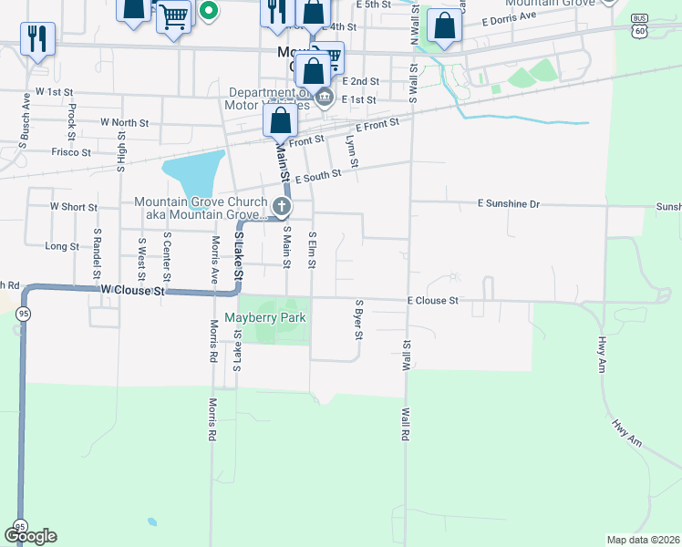 map of restaurants, bars, coffee shops, grocery stores, and more near 574-598 Robin Road in Mountain Grove