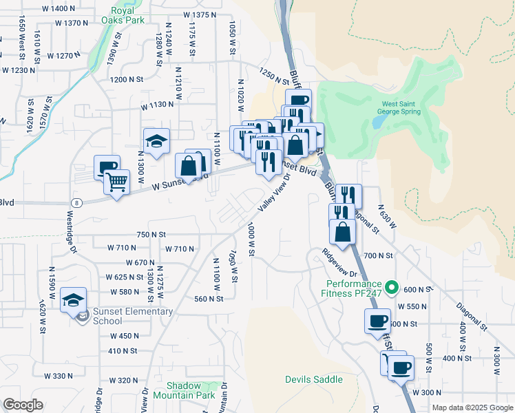 map of restaurants, bars, coffee shops, grocery stores, and more near 3474 Robbin Ct in St George