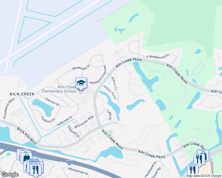 map of restaurants, bars, coffee shops, grocery stores, and more near 938 Willow Point in Newport News