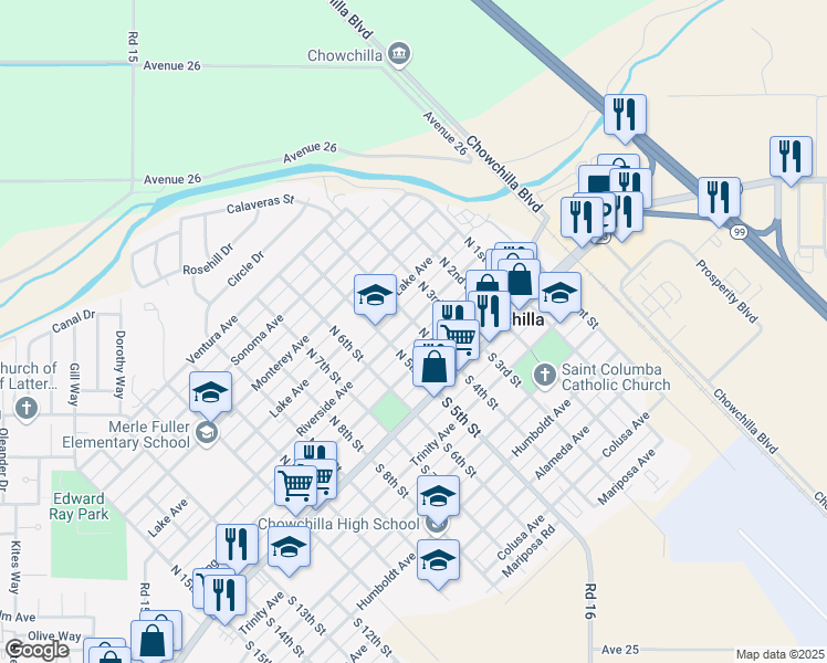 map of restaurants, bars, coffee shops, grocery stores, and more near 405 Riverside Avenue in Chowchilla