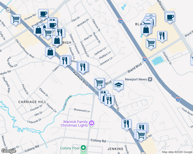 map of restaurants, bars, coffee shops, grocery stores, and more near 3954 Palomino Drive in Newport News