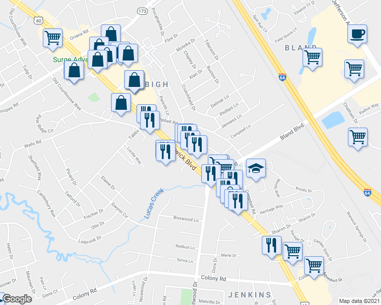 map of restaurants, bars, coffee shops, grocery stores, and more near 13754 Warwick Boulevard in Newport News