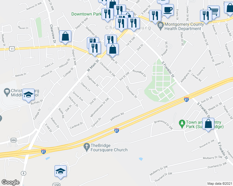 map of restaurants, bars, coffee shops, grocery stores, and more near 103 Roseland Drive Southwest in Christiansburg
