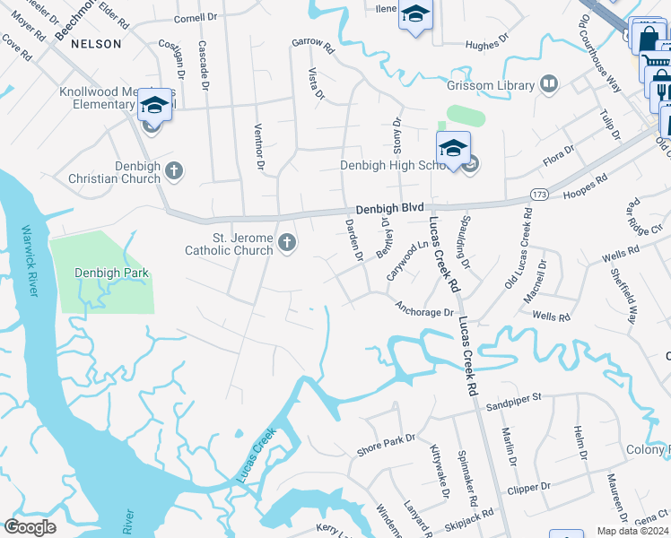 map of restaurants, bars, coffee shops, grocery stores, and more near 191 Bentley Drive in Newport News