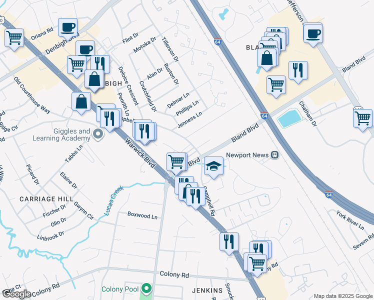 map of restaurants, bars, coffee shops, grocery stores, and more near 510 Heatherwood Loop in Newport News